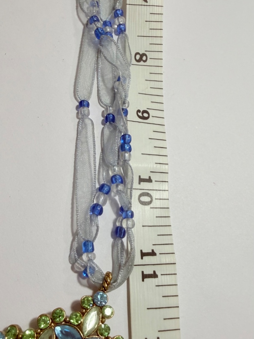 Blue and Green Rhinestone Pendant Choker Ribbon Necklace - Picture 3 of 3